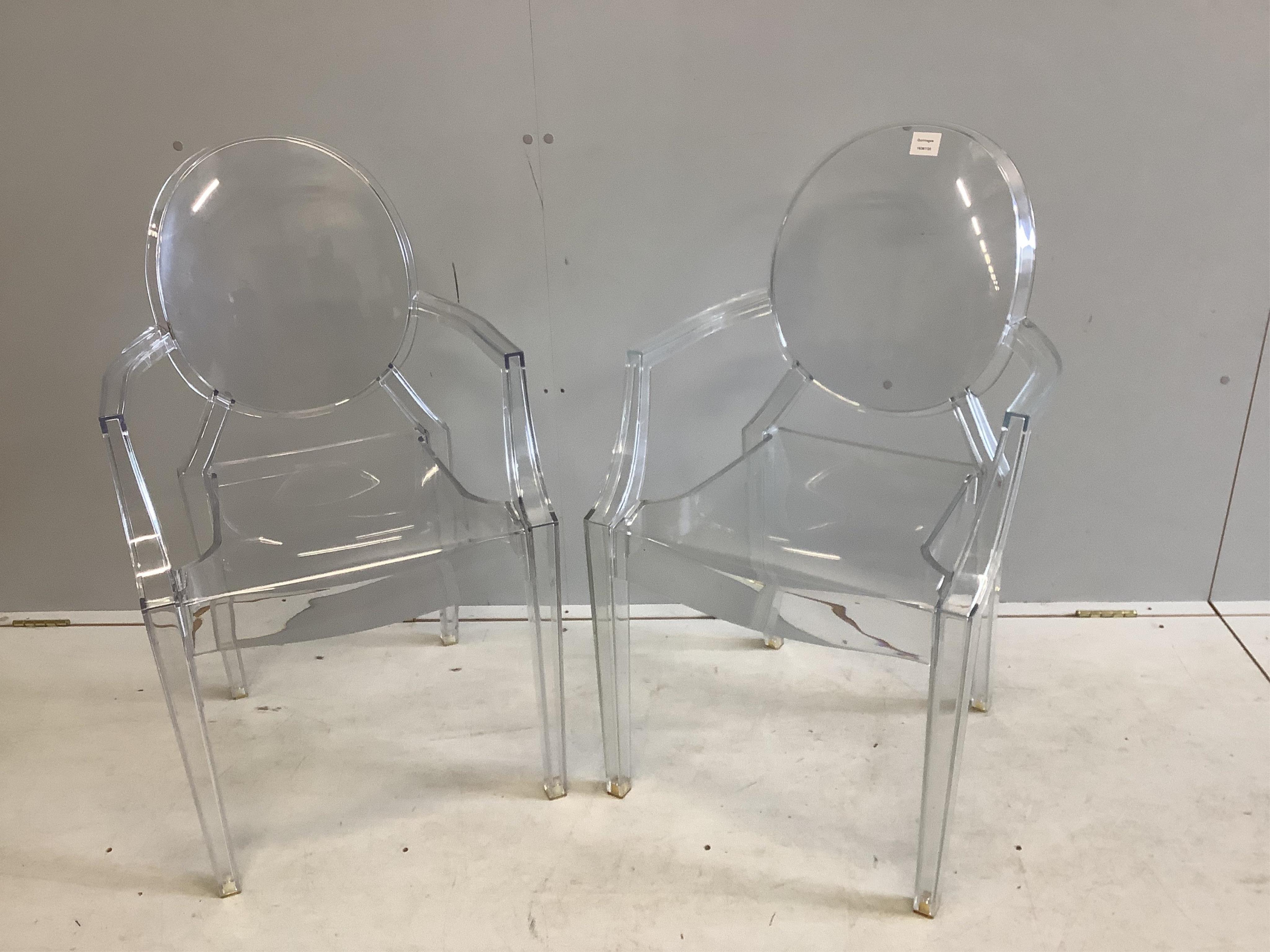 A pair of ‘ghost’ chairs, width 53cm, depth 43cm, height 93cm. Condition - fair